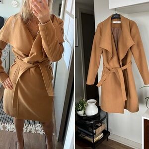 Women's JACQUELINE Jacqueline De Yong Tan Belted Wrap Midi Overcoat Pea Coat SzS